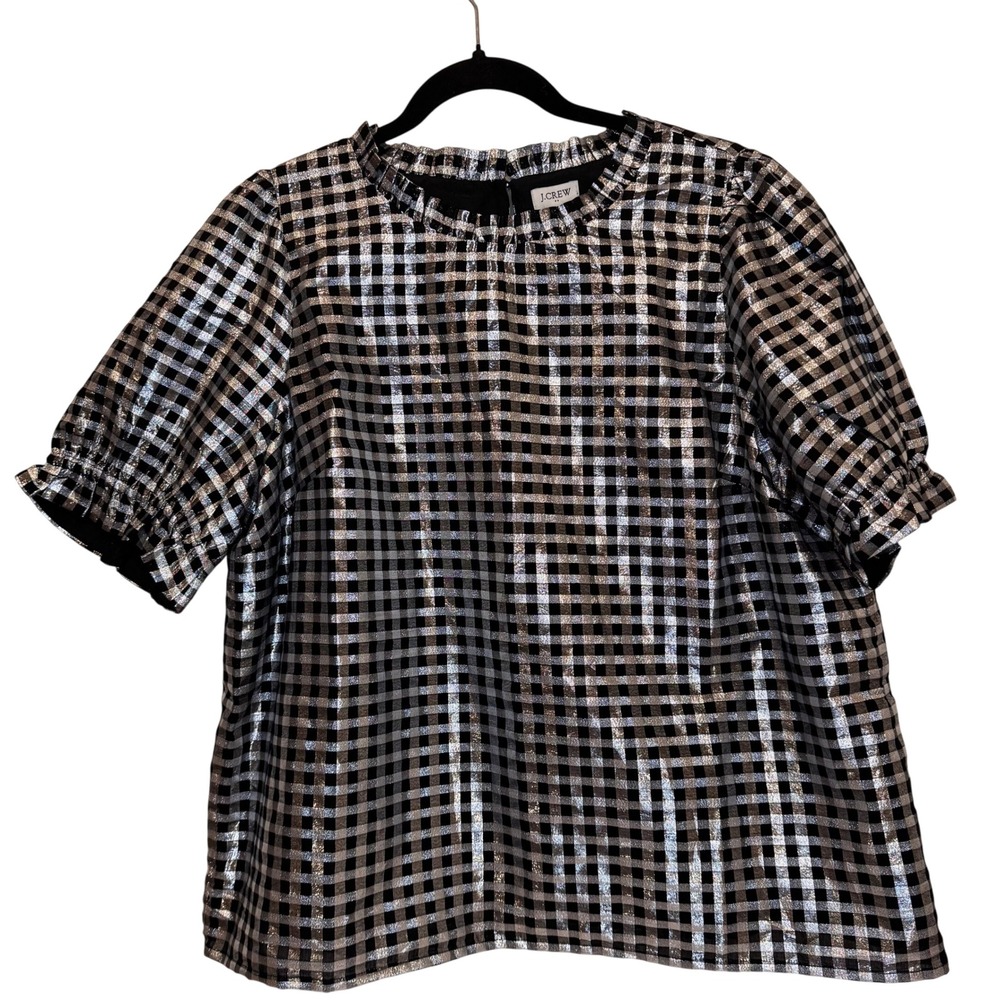 NWT J. Crew Metallic Gingham Blouse Size XL Ruffle Neck Puff Sleeve Party Dressy